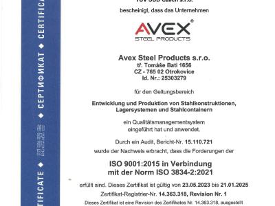 Zertifikat ISO 9001 :2015 in Verbindung mit der Norm ISO 3834-2:2021, gueltig von 23.05.2023 bis 21.01.2025