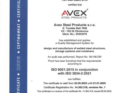 Avex Steel Products Certificate ISO 9001 with ISO 3834-2